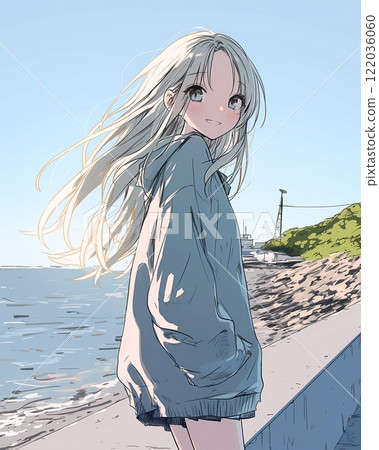 一個女孩在海灘上行走的插圖“AI 生成圖像” 122036060