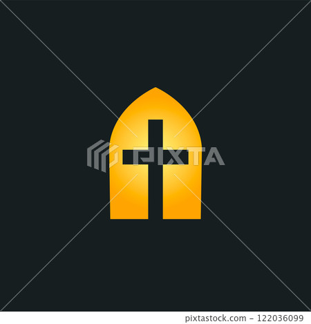 Glowing cross inside a golden arched window, symbolizing faith, spirituality, and devotion. Ideal for religious logos, church branding, or faith-based organizations. Minimalist vector illustration. Glowing cross inside a golden arched window, symbolizing faith, spirituality, and devotion. Ideal for religious logos, church branding, or faith-based organizations. Minimalist vector illustration. 122036099