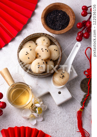 Tang yuan rice dumpling balls for Chinese lunar New year celebration 122036156