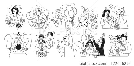 Birthday holiday celebration linear icons collection Birthday holiday celebration linear icons collection 122036294