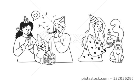 Owners celebrating pets birthdays linear icons collection Owners celebrating pets birthdays linear icons collection 122036295