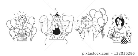 Happy women celebrating birthdays linear icons collection Happy women celebrating birthdays linear icons collection 122036296