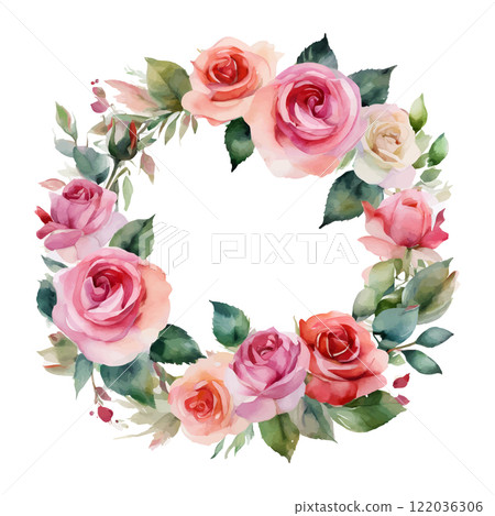 Watercolor roses round frame flowers with gold, symbol of love, wedding, purity, vector illustration 122036306