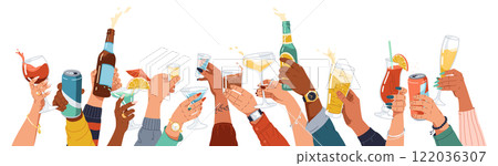 Diverse people hands holding alcohol drinks illustration 122036307