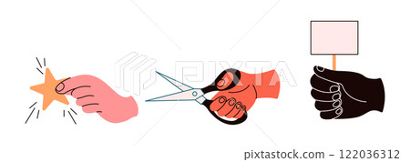 People hands with star scissors and placard vector icons 122036312