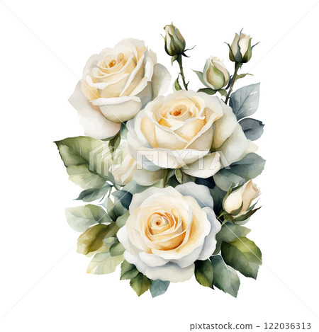 Watercolor bouquet white roses flowers, symbol of love, wedding, purity, vector illustration Watercolor bouquet white roses flowers, symbol of love, wedding, purity, vector illustration 122036313