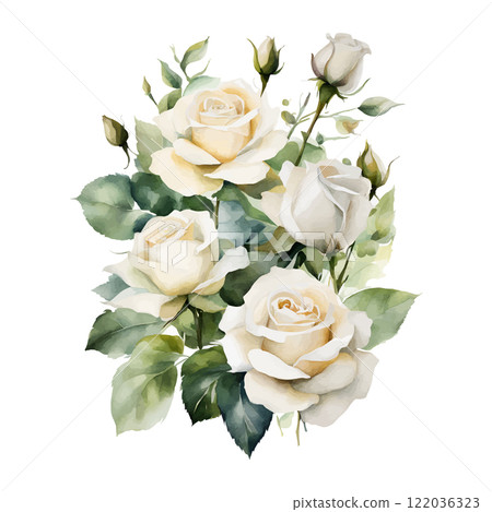 Watercolor bouquet white roses flowers, symbol of love, wedding, purity, vector illustration 122036323