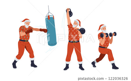 Santa Clauses training with sports equipment flat vector icon set 122036326