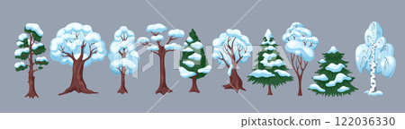 Snowy trees from winter forest flat color vector objects set 122036330