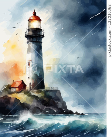 Watercolor lighthouse towers over sea, full moon, sunset sky. Coastal charm, nautical design, home decor and travel 122036368