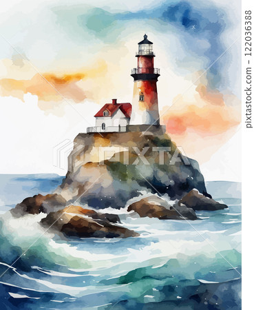 Watercolor lighthouse towers over sea, full moon, sunset sky. Coastal charm, nautical design, home decor and travel 122036388