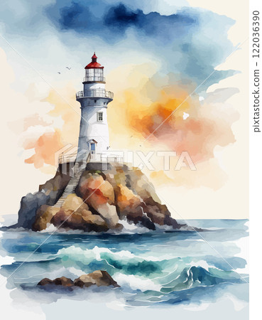 Watercolor lighthouse towers over sea, full moon, sunset sky. Coastal charm, nautical design, home decor and travel 122036390