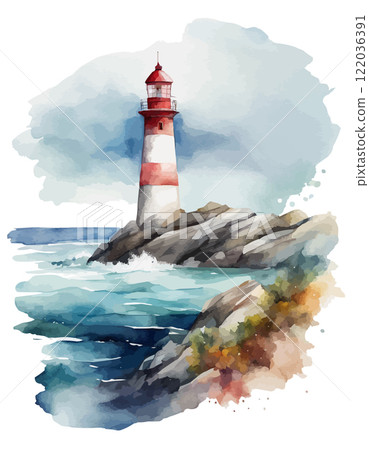 Watercolor lighthouse towers over sea, full moon, sunset sky. Coastal charm, nautical design, home decor and travel 122036391