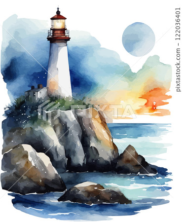 Watercolor lighthouse towers over sea, full moon, sunset sky. Coastal charm, nautical design, home decor and travel 122036401