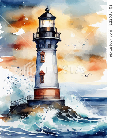Watercolor lighthouse towers over sea, full moon, sunset sky. Coastal charm, nautical design, home decor and travel 122036402