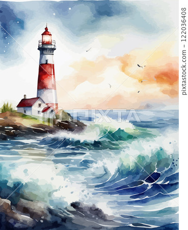 Watercolor lighthouse towers over sea, full moon, sunset sky. Coastal charm, nautical design, home decor and travel 122036408