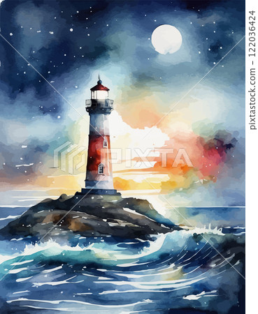 Watercolor lighthouse towers over sea, full moon, sunset sky. Coastal charm, nautical design, home decor and travel 122036424
