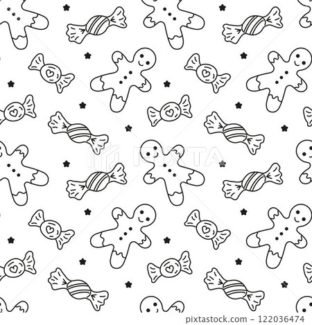 Sweets different wrapped candies and Gingerbread man doodle Seamless pattern. Vector patterns endless. Black line sample pattern for wallpaper, fabric, packaging, background. 122036474