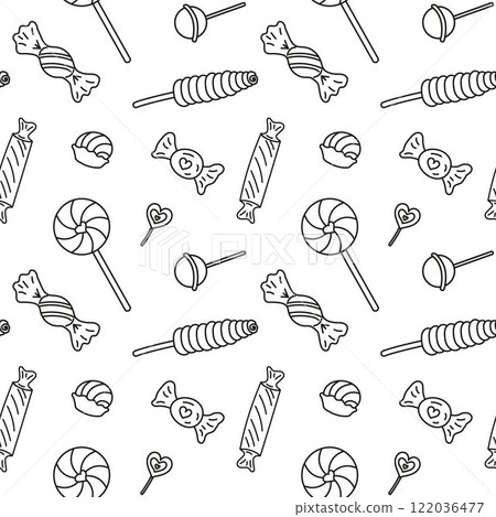 Sweets different candies doodle Seamless pattern with caramel on stick, wrapped candies, lollipop. Vector patterns endless. Black line sample pattern for wallpaper, fabric, packaging, background. Sweets different candies doodle Seamless pattern with caramel on stick, wrapped candies, lollipop. Vector patterns endless. Black line sample pattern for wallpaper, fabric, packaging, background. 122036477