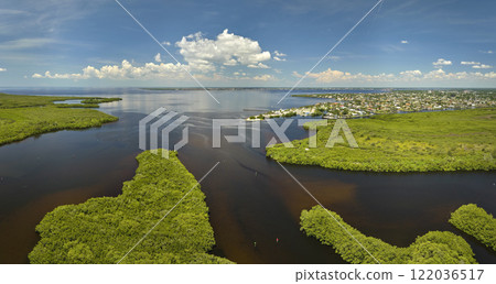 View from above of Florida everglades with green vegetation between ocean water inlets. Natural habitat of many tropical species in wetlands View from above of Florida everglades with green vegetation between ocean water inlets. Natural habitat of many tropical species in wetlands 122036517