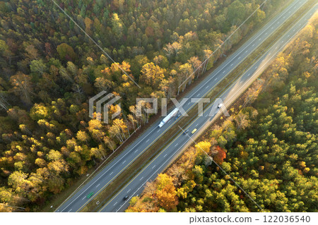 Wide multilane highway road in USA Appalachian mountains with fast driving semi trucks. Above view of American transportation infrastructure Wide multilane highway road in USA Appalachian mountains with fast driving semi trucks. Above view of American transportation infrastructure 122036540