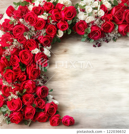 Bright red and white roses create a floral arch on wooden background for celebration and decoration 122036632