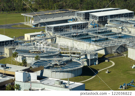 Modern water cleaning facility at urban wastewater treatment plant. Purification process of removing undesirable chemicals, suspended solids and gases from contaminated liquid 122036822