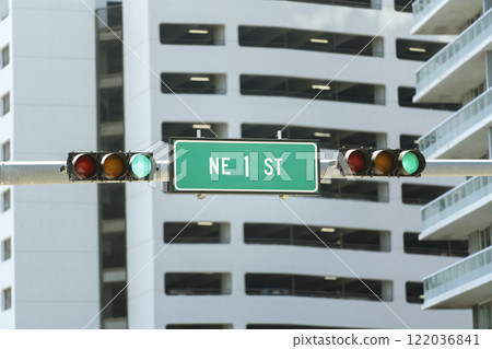 Overhead traffic lights high above street in Miami, Florida Overhead traffic lights high above street in Miami, Florida 122036841