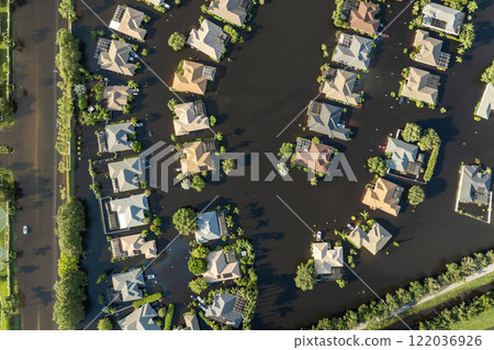 Flooded residential area with underwater houses from hurricane Debby rainfall water in Laurel Meadows community in Sarasota, Florida. Aftermath of natural disaster in southern USA 122036926