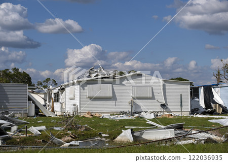 Florida Southwest region after hurricane season. Collapsed and damaged mobile homes in rural residential area. Consequences of severe natural disaster 122036935