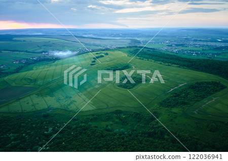 Green agricultural field with growing crops in summer season. Farming and agriculture industry 122036941