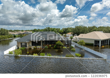 Hurricane flooded homes in residential community in Florida, USA. Aftermath of natural disaster 122036975