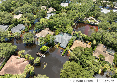 Hurricane flooded homes in residential community in Florida, USA. Aftermath of natural disaster 122036976