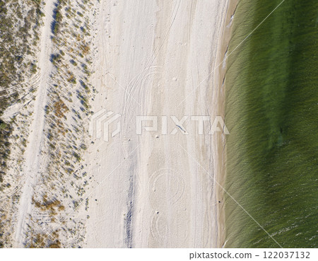 sandy beach on the seashore, view from above sandy beach on the seashore, view from above 122037132