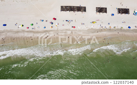 sandy beach on the seashore, view from above sandy beach on the seashore, view from above 122037140