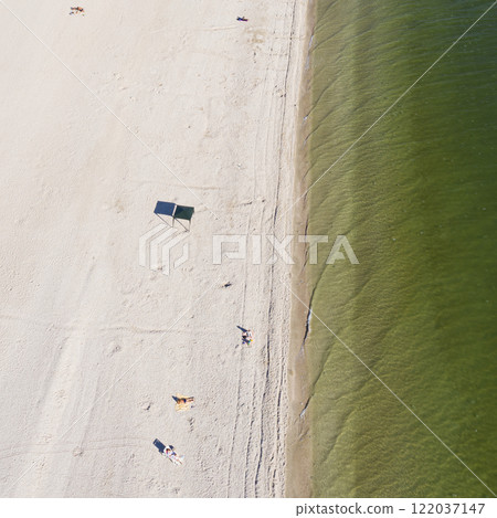 sandy beach on the seashore, view from above sandy beach on the seashore, view from above 122037147