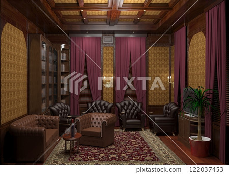cigar room, smoking lounge, interior visualization, 3D illustration cigar room, smoking lounge, interior visualization, 3D illustration 122037453