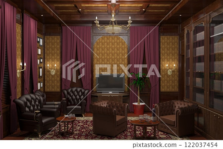 cigar room, smoking lounge, interior visualization, 3D illustration cigar room, smoking lounge, interior visualization, 3D illustration 122037454