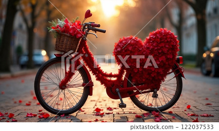 Cute red bicycle decorated with hearts for the holiday and wrapped in love and warmth on a city street 122037533