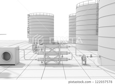 oil refinery, chemical production, waste processing plant, exterior visualization, 3D illustration, cg oil refinery, chemical production, waste processing plant, exterior visualization, 3D illustration, cg 122037578
