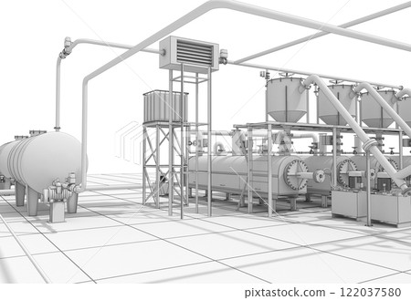 oil refinery, chemical production, waste processing plant, exterior visualization, 3D illustration, cg oil refinery, chemical production, waste processing plant, exterior visualization, 3D illustration, cg 122037580