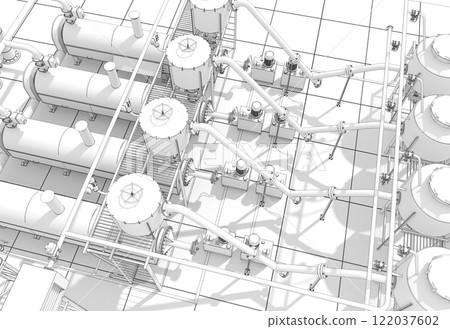 oil refinery, chemical production, waste processing plant, exterior visualization, 3D illustration, cg 122037602