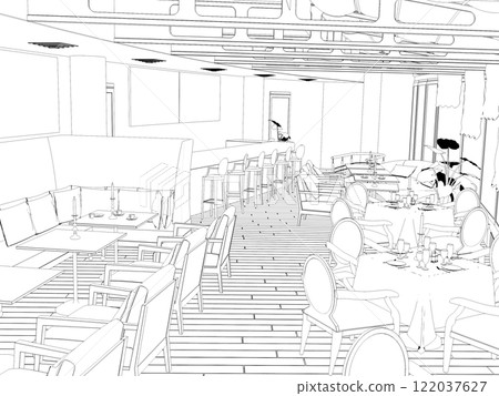 restaurant, 3D illustration, sketch, outline 122037627