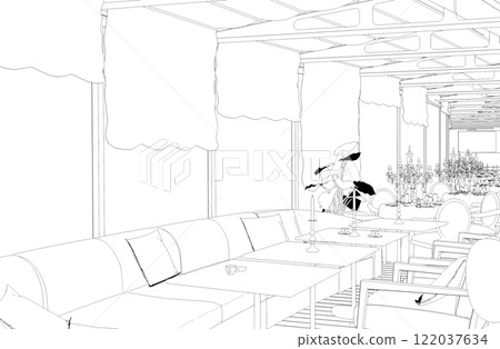restaurant, 3D illustration, sketch, outline restaurant, 3D illustration, sketch, outline 122037634