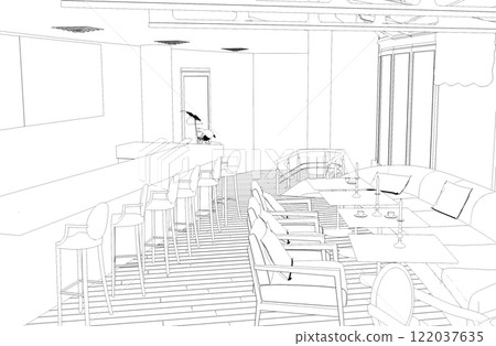 restaurant, 3D illustration, sketch, outline restaurant, 3D illustration, sketch, outline 122037635