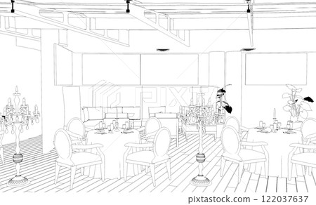 restaurant, 3D illustration, sketch, outline restaurant, 3D illustration, sketch, outline 122037637