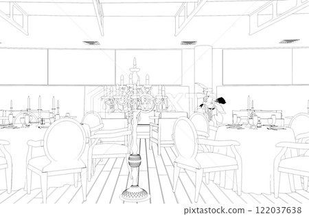 restaurant, 3D illustration, sketch, outline 122037638