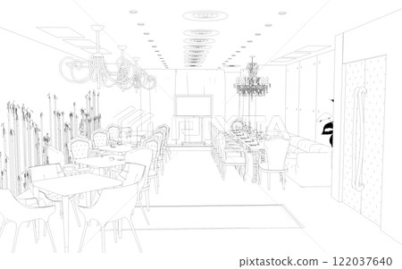 restaurant, 3D illustration, sketch, outline 122037640