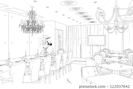 restaurant, 3D illustration, sketch, outline restaurant, 3D illustration, sketch, outline 122037642