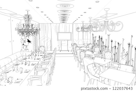 restaurant, 3D illustration, sketch, outline restaurant, 3D illustration, sketch, outline 122037643